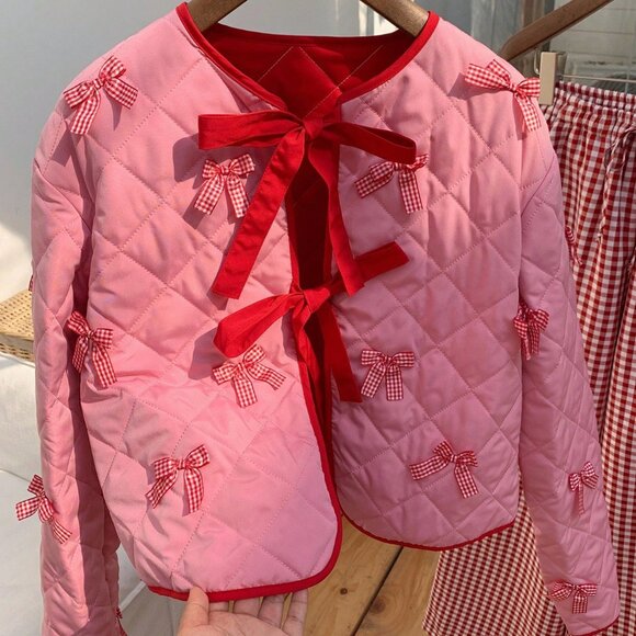 Pink Casual Women's Contrast Quilted Coat with Gingham Bow - Picture 6 of 7